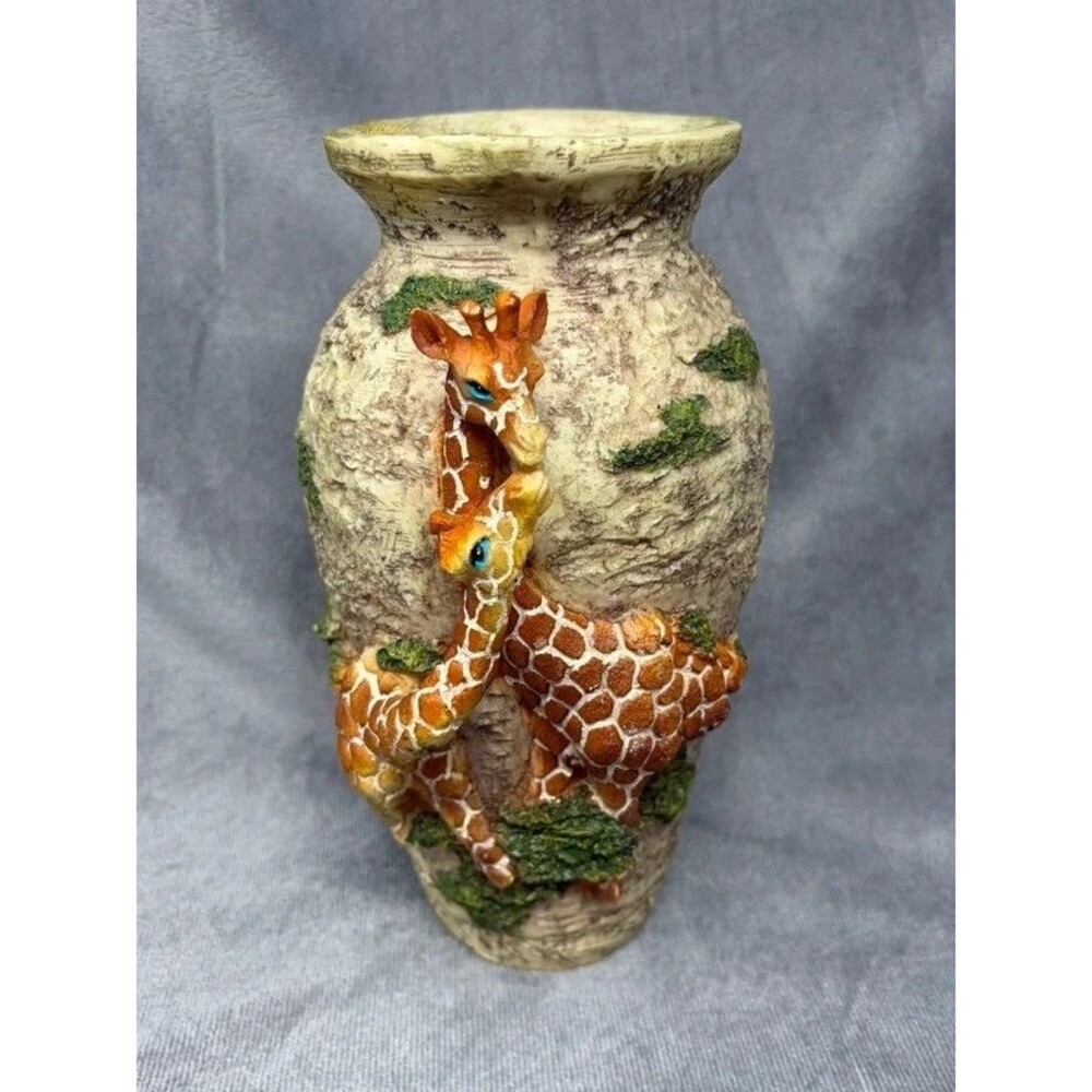 3D Giraffe Couple Flower Vase 9" Textured Resin Safari Jungle Mom & Baby